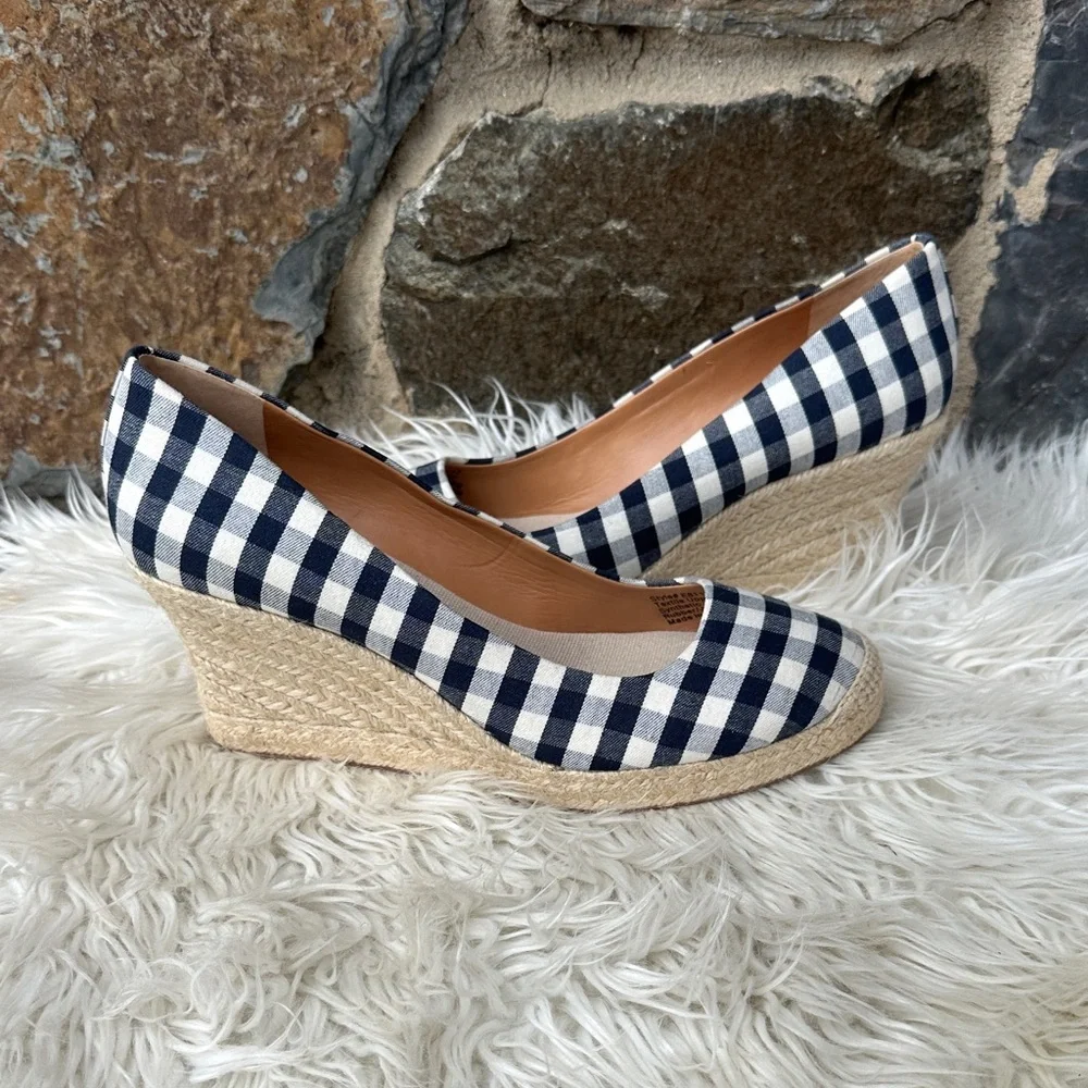 J. Crew Factory Gingham Print Espadrille Wedges in Navy Blue/Ivory Size 10